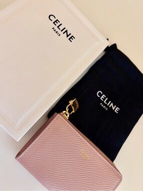 Authentic CELINE wallet-Pink Calf Leather Zip Card Wallet w/ Gold Hardware-NEW